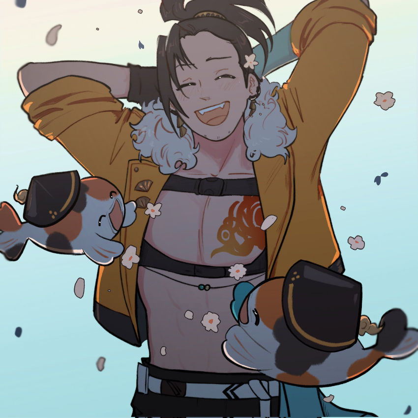 1boy arms_behind_head arms_up beard_stubble black_hair blue_skin cherry_blossoms chest_tattoo colored_skin earrings facial_hair fur-trimmed_jacket fur_trim gradient_background gradient_skin happy high_ponytail highres holostars holostars_english inchells jacket jewelry josuiji_shinri koi koipanion_(josuiji_shinri) light_blush medium_hair open_mouth orange_jacket pectorals simple_background solo standing stubble tassel tassel_earrings tattoo upper_body virtual_youtuber