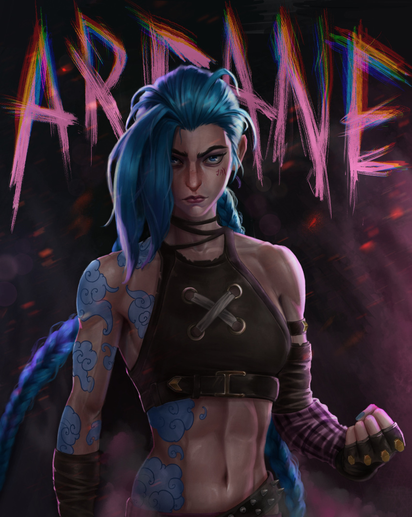 1girl abs absurdres arcane:_league_of_legends arcane_jinx arm_tattoo bare_shoulders blue_eyes blue_hair braid brown_choker character_name choker clenched_hand cloud_tattoo copyright_name crop_top eugenexedge facial_tattoo fingerless_gloves gloves hair_over_face highres jinx_(league_of_legends) league_of_legends long_hair looking_at_viewer navel shoulder_tattoo solo stomach_tattoo tattoo toned twin_braids