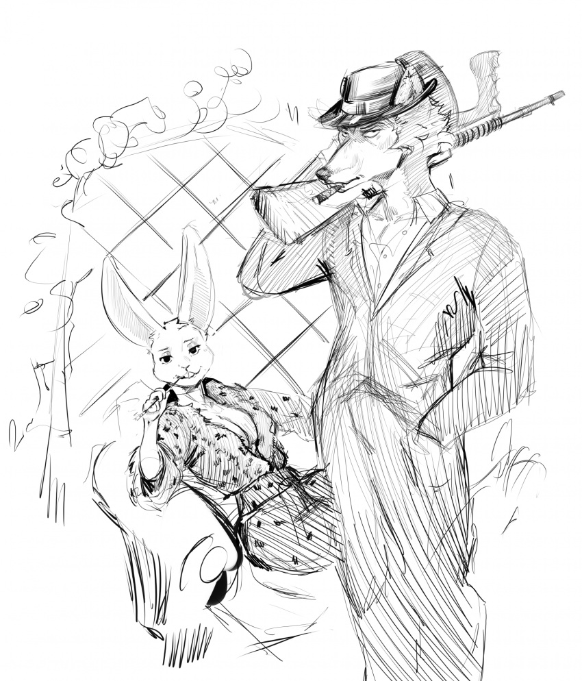 anthro beastars canid canine canis cigarette cigarette_in_mouth clothing duckhere duo female furniture gangster gun haru_(beastars) hat headgear headwear hi_res lagomorph legoshi_(beastars) leporid male mammal monochrome object_in_mouth rabbit ranged_weapon simple_background sitting smoking smoking_cigarette sofa standing submachine_gun suit thompson_gun weapon weapon_on_shoulder wolf