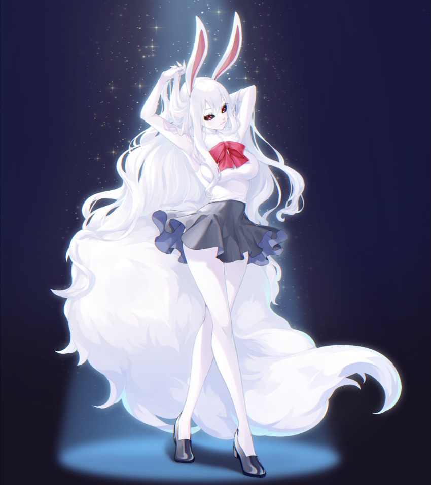 1girl alternate_form animal_ears animal_nose breasts carrot_(one_piece) crazy_otama dress furry furry_female highres large_breasts long_hair one_piece open_mouth rabbit_ears rabbit_girl rabbit_tail red_eyes skirt solo spotlight sulong_form tail white_fur white_hair