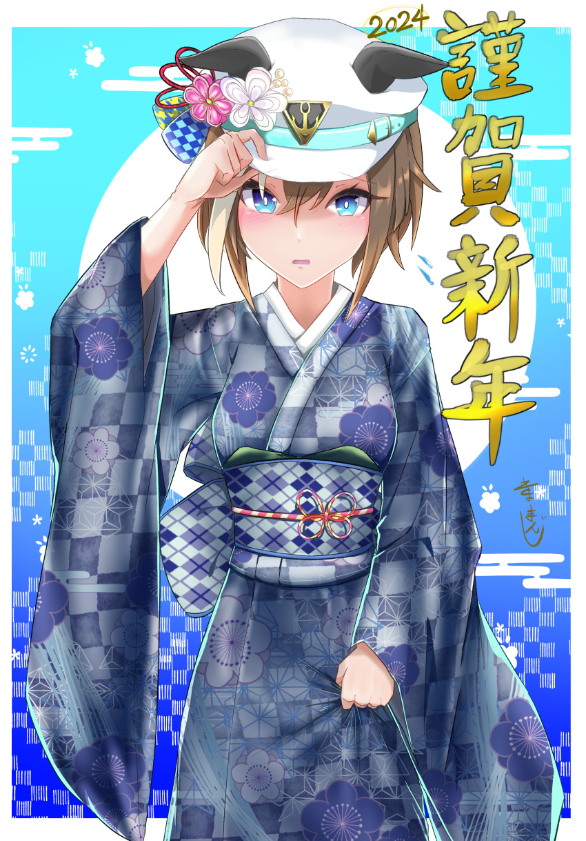 1girl 2024 absurdres alternate_costume animal_ears blue_eyes blue_kimono blush breasts brown_hair cheval_grand_(umamusume) commentary_request flower hair_flower hair_ornament hat highres horse_ears japanese_clothes kimono long_sleeves looking_at_viewer medium_breasts obnovit_zero open_mouth solo translation_request umamusume