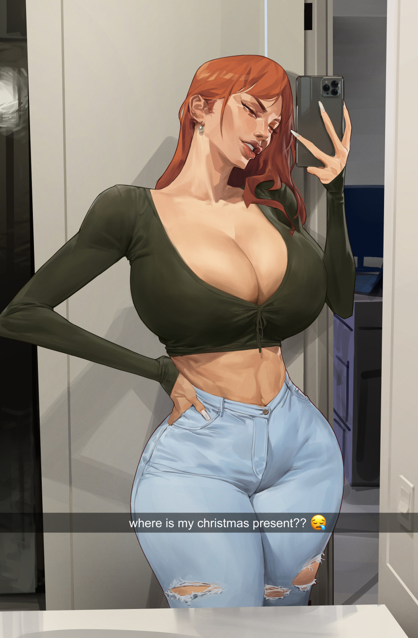 1girl absurdres alternate_universe blue_pants breasts brown_hair casual cleavage collarbone commentary cropped_sweater curvy denim earrings english_commentary english_text fingernails front-tie_top half-closed_eyes high-waist_pants highres holding holding_phone huge_breasts jeans jewelry long_fingernails long_hair midriff mirror nami_(one_piece) narrow_waist one_piece pants phone plunging_neckline puckered_lips saigalisk selfie snapchat solo thick_lips torn_clothes torn_jeans torn_pants white_nails