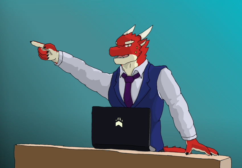 clothing computer desk dragon electronics furniture gesture hi_res humanoid male necktie pointing pointing_at_viewer simple_background solo solo_focus suit table wolpha