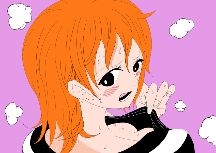 black_eyes blush breasts cleavage close-up derivative_work downblouse dress eyelashes fingernails from_behind kuma_(jpzd8483) large_breasts looking_back medium_hair messy_hair nami_(one_piece) nape neck one_piece open_mouth orange_hair pink_background shirt shirt_tug simple_background solo steam steaming_body striped_clothes striped_shirt sweat upper_body very_sweaty