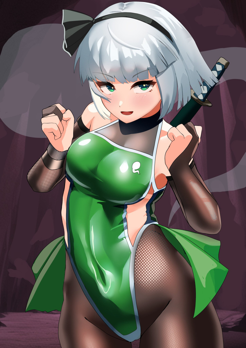 1girl adapted_costume bare_shoulders black_hairband blush bodysuit breasts covered_navel fishnet_bodysuit fishnets frilled_leotard frills ghost green_eyes grey_hair hairband highres impossible_clothes konpaku_youmu konpaku_youmu_(ghost) leotard looking_at_viewer ninja sheath shiny_clothes short_hair skin_tight smile solo sword taimanin_(series) taimanin_suit touhou urizaku3 weapon