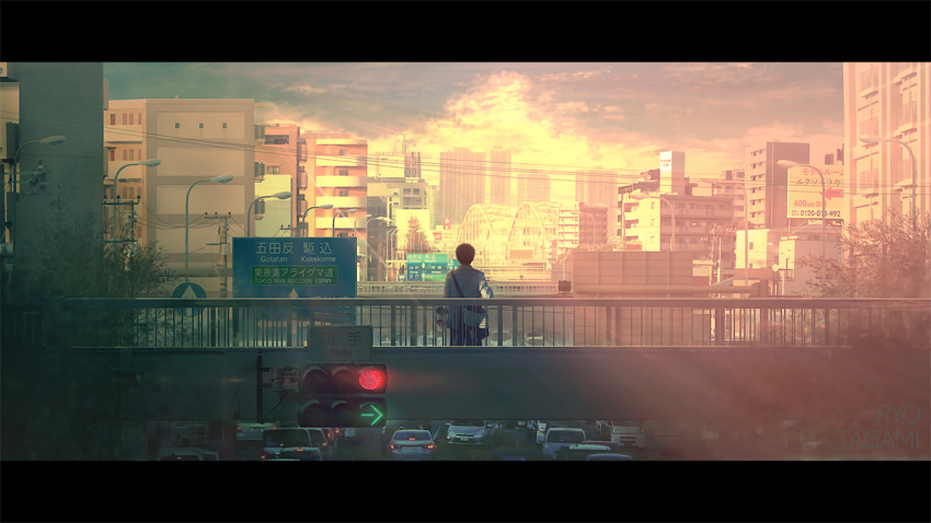 1boy bag billboard blue_shirt bridge car city cityscape commentary_request from_behind lamppost letterboxed motor_vehicle original outdoors road road_sign scenery shirt shoulder_bag sign solo sunlight tanaka_ryosuke traffic_light tree