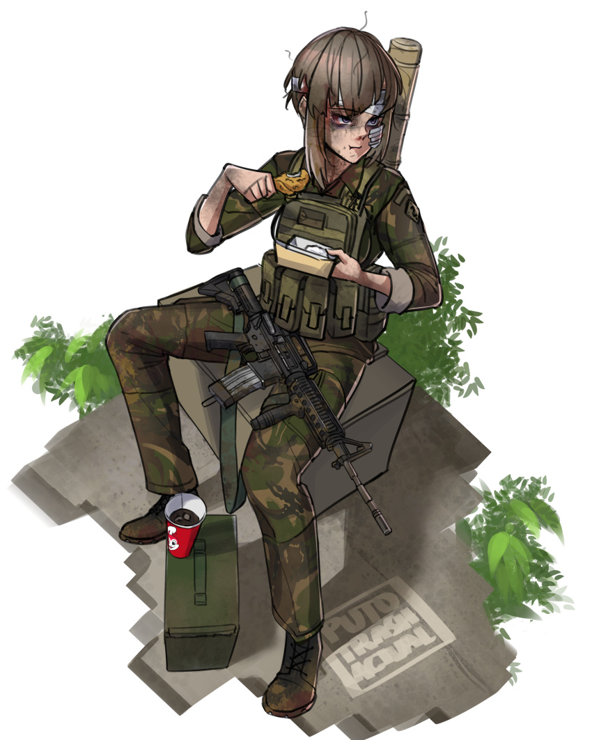 1girl :t absurdres ammunition_box artist_name assault_rifle bandaged_head bandages boots box brown_footwear brown_hair camouflage camouflage_pants check_weapon closed_mouth concrete cup dirty dirty_face disposable_cup eating english_commentary faux_figurine food fried_chicken from_above full_body gauze green_shirt grey_eyes gun highres holding holding_box holding_food jollibee m4_carbine military_uniform original pants philippines plant plate_carrier pouch puto_trash rifle shirt short_hair sidelocks simple_background sleeves_rolled_up solo uniform weapon weapon_on_back weapon_on_lap weapon_request white_background