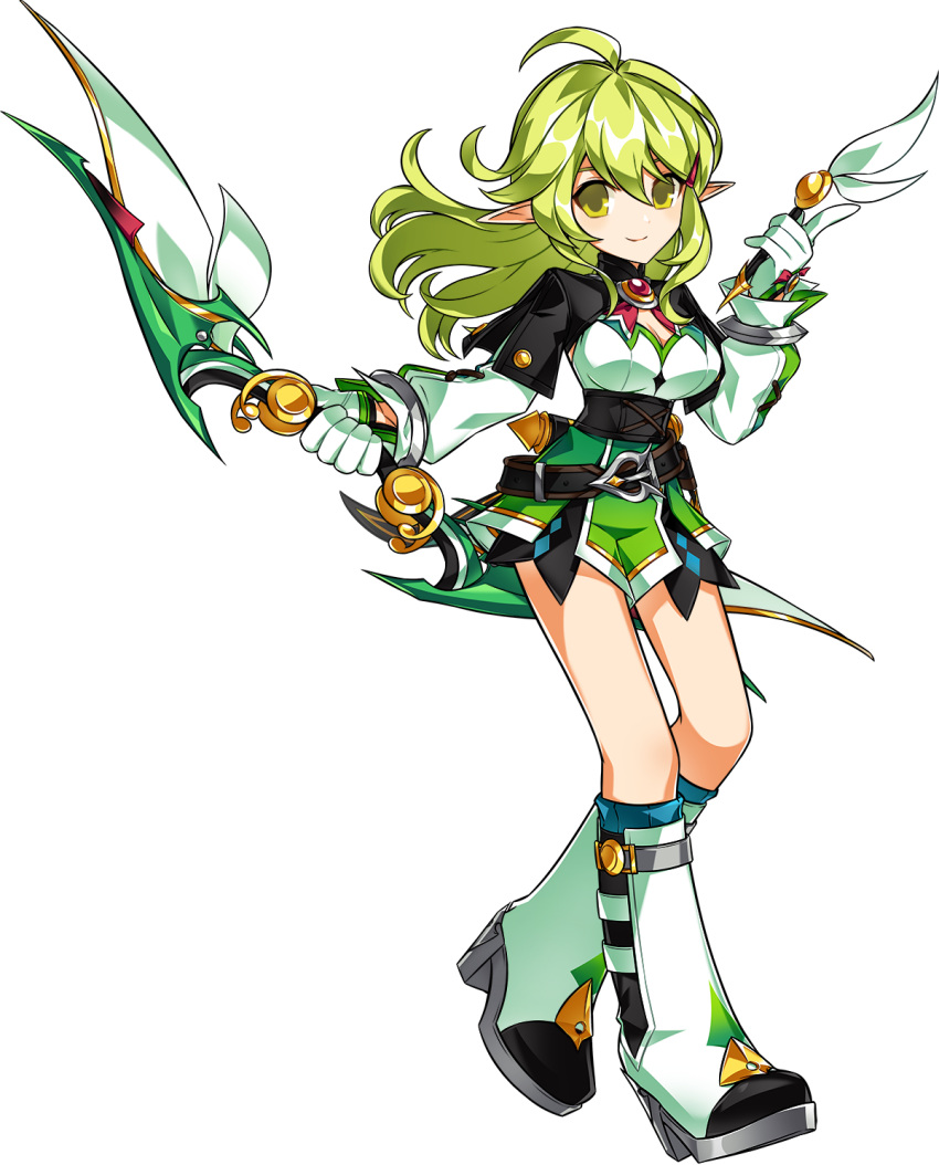 1girl ahoge artist_request blue_socks boots bow_(weapon) breasts brooch closed_mouth corset dot_nose elsword full_body gloves green_hair green_shorts highres holding holding_bow_(weapon) holding_weapon jewelry knee_boots legs_together looking_at_viewer medium_breasts medium_hair official_art poetic_ranger_(elsword) pointy_ears rena_erindel shorts smile socks solo standing transparent_background weapon white_footwear white_gloves yellow_eyes