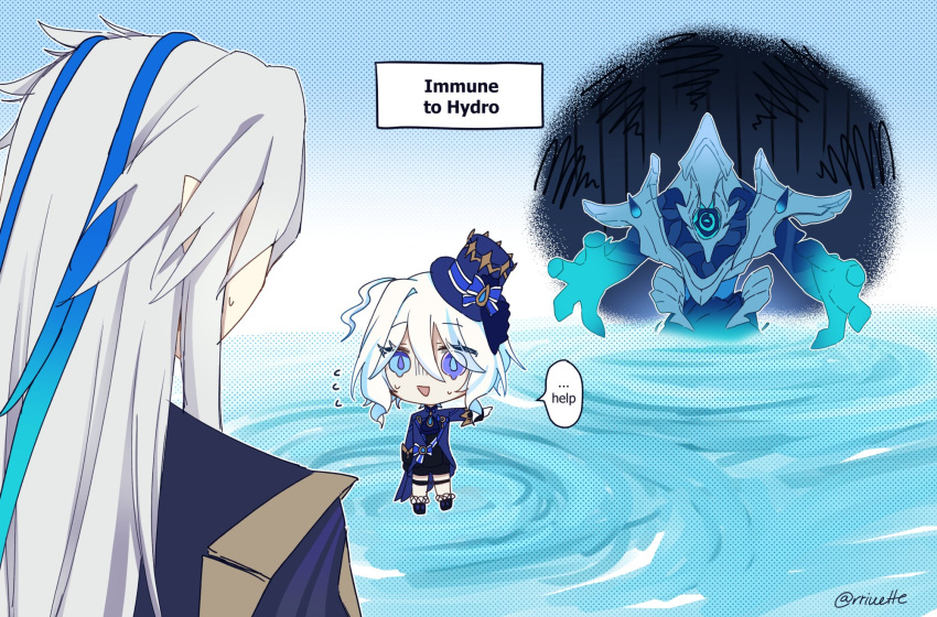 1boy 1girl arm_at_side arm_up ascot asymmetrical_gloves black_gloves blue_brooch blue_eyes blue_hair blue_headwear blue_horns chibi coat cowlick dragon_horns drop-shaped_pupils english_text furina_(genshin_impact) gameplay_mechanics genshin_impact gloom_(expression) gloves grey_hair hair_between_eyes hat heterochromia highres horns hydro_tulpa jacket light_blue_hair long_hair long_sleeves looking_at_another mismatched_pupils monster multicolored_hair neuvillette_(genshin_impact) open_mouth outstretched_arm pointing pointing_at_another pointy_ears reiu ripples scared shoes shorts smile standing tearing_up top_hat twitter_username water wet wet_hair white_gloves white_hair
