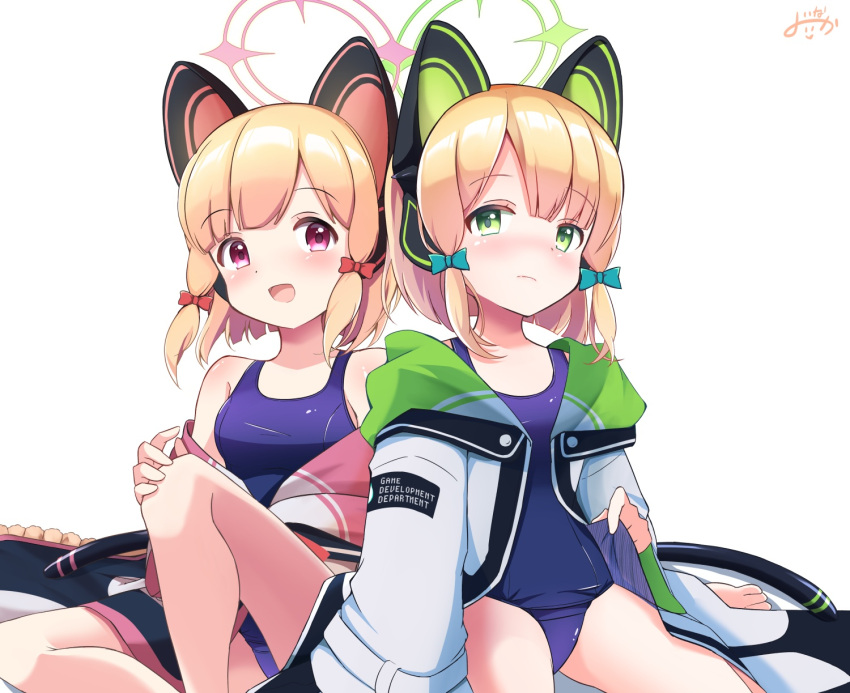 2girls animal_ear_headphones animal_ears bare_shoulders blonde_hair blue_archive blue_one-piece_swimsuit blush bow cat_tail closed_mouth fake_animal_ears green_bow green_eyes green_halo hair_bow halo headphones highres inakami jacket long_sleeves midori_(blue_archive) momoi_(blue_archive) multiple_girls one-piece_swimsuit open_clothes open_jacket open_mouth pink_halo red_bow red_eyes short_hair siblings simple_background sisters smile swimsuit tail twins white_background white_jacket wide_sleeves