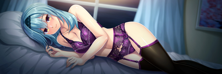 1girl absurdres bare_shoulders black_hairband black_thighhighs blue_hair bra breasts commission eula_(genshin_impact) genshin_impact grey_eyes hairband highres large_breasts looking_at_viewer panties pillow pixiv_commission purple_bra purple_panties ruin_re_birth solo thigh_strap thighhighs underwear