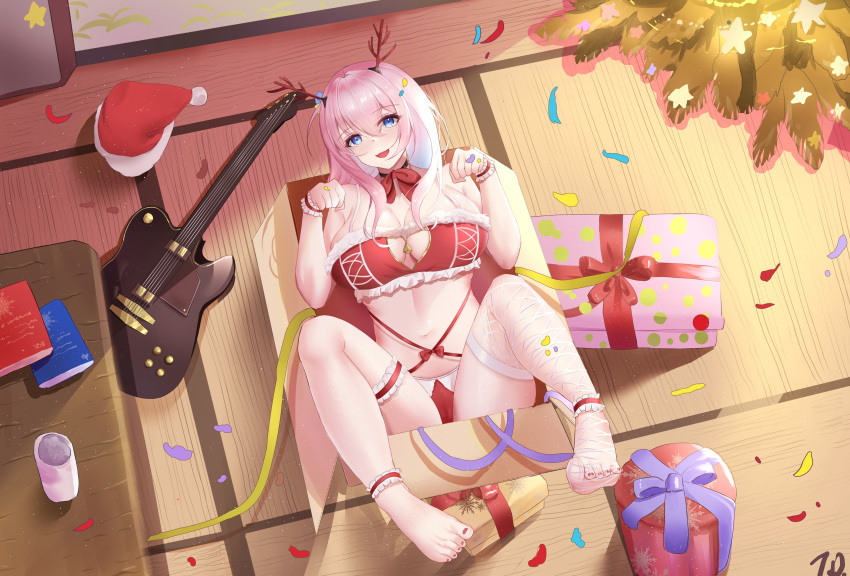 1girl absurdres antlers bell bikini bikini_bottom_only blue_eyes bocchi_the_rock! bow box breasts christmas_tree cleavage_cutout clothing_cutout confetti deer_antlers fishnet_thighhighs fishnets frilled_tube_top fur-trimmed_headwear fur_trim gift gift_box gotoh_hitori guitar hat highres in_box in_container instrument large_breasts nail_polish nanoda002_(saber427) neck_ribbon open_mouth paw_pose pink_hair pom_pom_(clothes) red_bikini red_bow red_headwear red_nails red_tube_top ribbon santa_hat single_barefoot single_fishnet_legwear strapless streamers swimsuit table tatami thighhighs toenail_polish toenails tube_top unworn_hat unworn_headwear