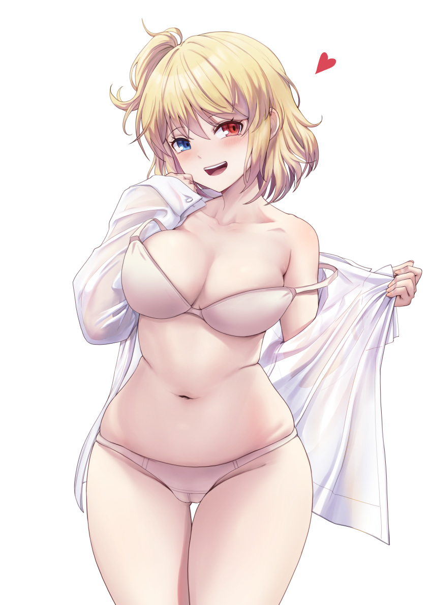 1girl :d absurdres ass_visible_through_thighs blonde_hair blue_eyes bra braid breasts cleavage collarbone cowboy_shot groin hair_between_eyes hands_up head_tilt heart heterochromia highres light_blush long_sleeves looking_at_viewer medium_breasts navel one_side_up open_clothes open_mouth open_shirt original panties pinkmarine plump red_eyes see-through see-through_shirt shirt short_hair simple_background single_bare_shoulder skindentation sleeves_past_wrists smile solo standing strap_slip swept_bangs teeth thigh_gap tongue underwear undressing upper_teeth_only white_background white_bra white_panties white_shirt wide_hips