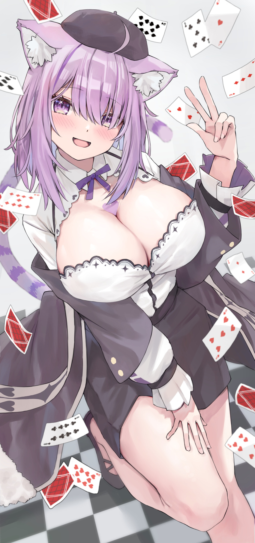 1girl absurdres ace_(playing_card) ace_of_hearts ahoge animal_ear_fluff animal_ears beret black_coat black_footwear black_headwear black_shorts blush breasts card cat_ears cat_girl cat_tail cleavage cleavage_cutout clothing_cutout coat collared_shirt eight_of_clubs five_of_hearts hat heart heart_on_chest highres hololive large_breasts looking_at_viewer medium_hair nekomata_okayu nekomata_okayu_(6th_costume) official_alternate_costume open_mouth playing_card purple_eyes purple_hair riafel shirt shorts smile tail ten_of_clubs three_of_spades two_of_hearts virtual_youtuber w white_shirt