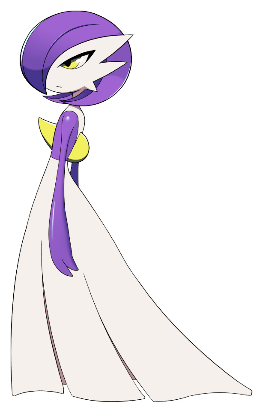 1girl aliasing alternate_color alternate_shiny_pokemon arms_at_sides bob_cut closed_mouth colored_skin commentary flat_chest from_side full_body gardevoir half-closed_eyes highres multicolored_skin pokemon pokemon_(creature) purple_hair purple_skin shiny_skin short_hair sideways_mouth simple_background solo standing two-tone_skin white_background white_skin winkyfaces yellow_eyes