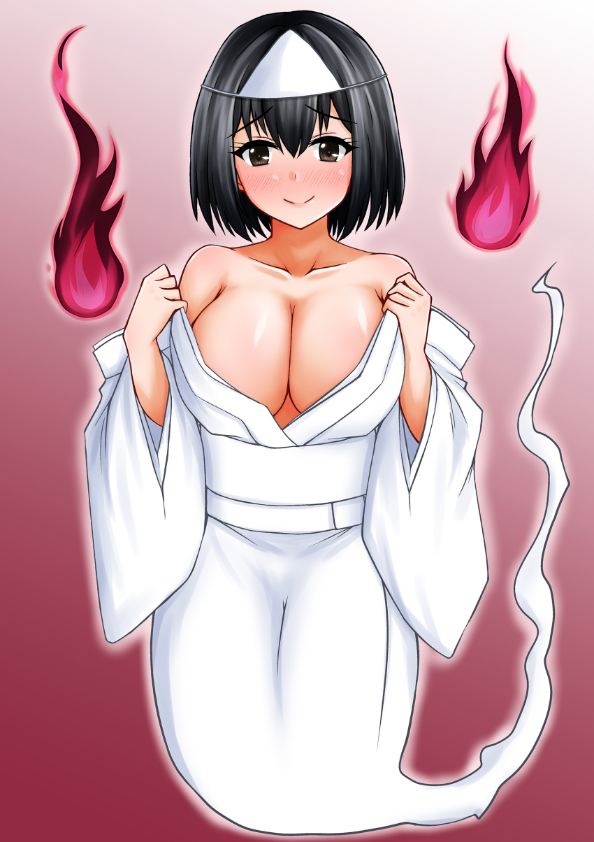 1girl absurdres black_hair blush breasts brown_eyes cleavage commission full_body ghost ghost_tail gradient_background haguro_(kancolle) highres hitodama kamiya_tadato kantai_collection large_breasts looking_at_viewer pink_background pixiv_commission short_hair simple_background solo triangular_headpiece