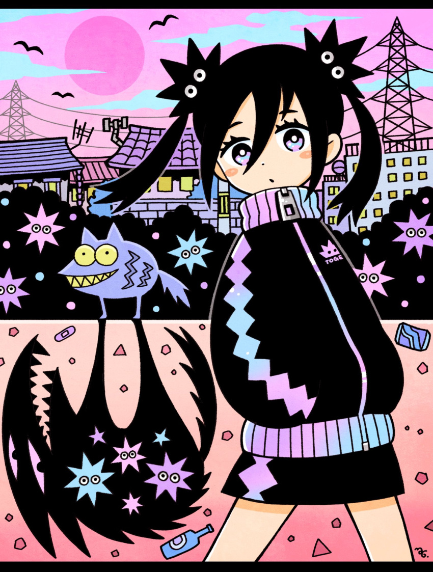1girl black_hair black_jacket black_skirt blue_eyes blush_stickers bright_pupils cloud colored_sclera cowboy_shot creature different_shadow dot_nose garouma hair_between_eyes hands_in_pockets highres jacket long_hair long_sleeves looking_at_another looking_at_viewer moon original outdoors oversized_zipper parted_lips power_lines purple_eyes purple_moon purple_sky shadow sharp_teeth skirt sky smile solo_focus teeth town transmission_tower trash twintails two-tone_eyes white_pupils yellow_sclera