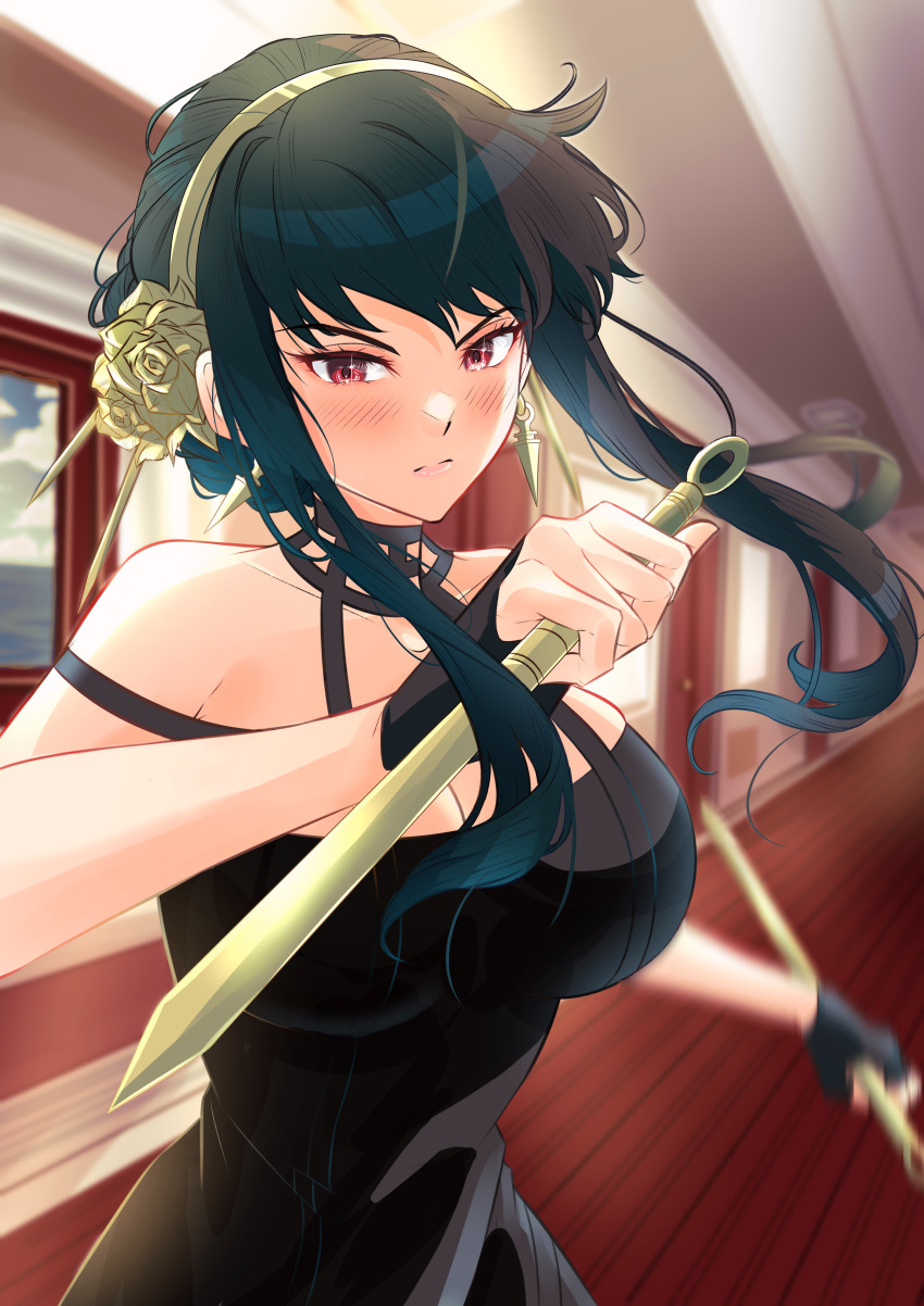 1girl absurdres black_dress black_hair breasts cleavage closed_mouth collarbone commentary commentary_request dagger dress english_commentary flower hairband hallway highres holding holding_knife indoors knife large_breasts looking_at_viewer medium_hair meisaki mixed-language_commentary red_eyes sleeveless sleeveless_dress solo spy_x_family star_(symbol) star_in_eye stiletto_(weapon) symbol_in_eye weapon yellow_flower yellow_hairband yor_briar