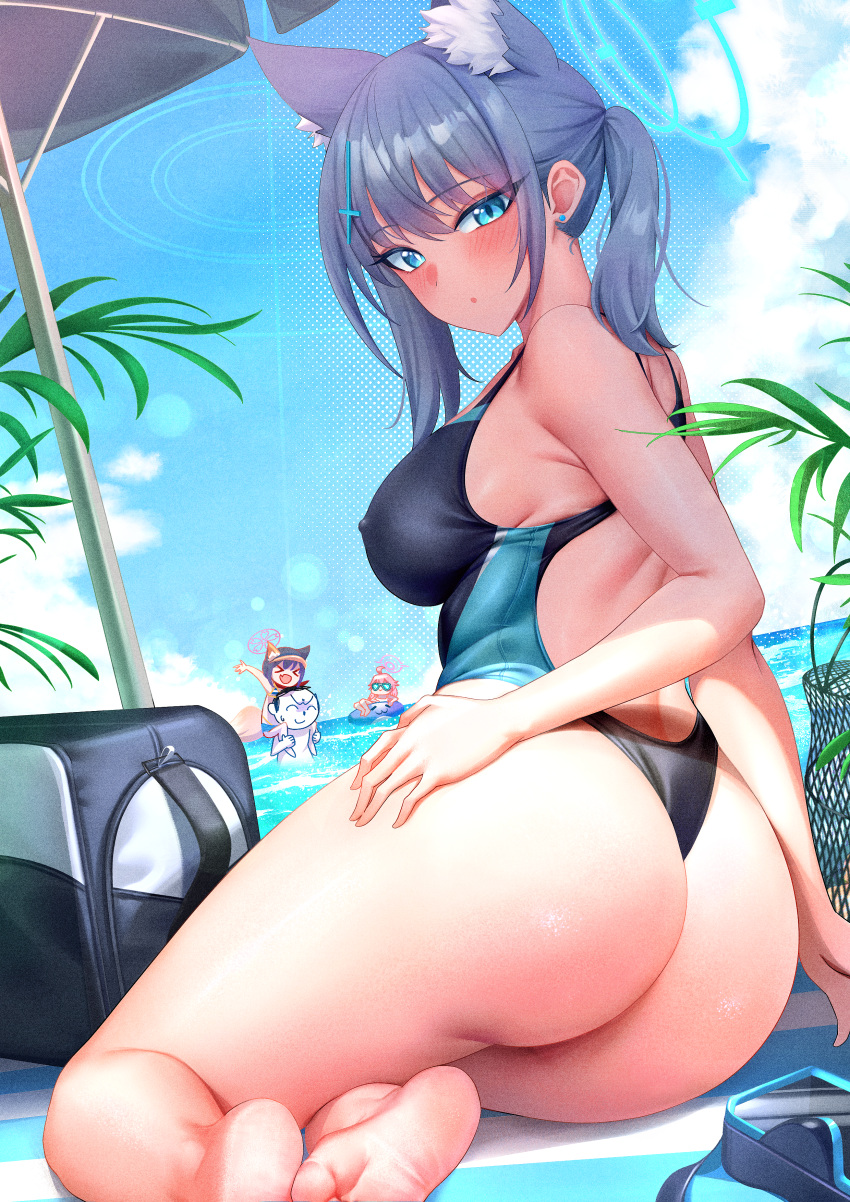 1boy 3girls absurdres animal_ear_fluff animal_ears ass barefoot beach beach_mat beach_umbrella black_one-piece_swimsuit blue_archive blue_eyes blue_sky blush carrying_over_shoulder cloud cloudy_sky covered_nipples highres hoshino_(blue_archive) hoshino_(swimsuit)_(blue_archive) izuna_(blue_archive) izuna_(swimsuit)_(blue_archive) looking_at_viewer looking_back mismatched_pupils multiple_girls official_alternate_costume one-piece_swimsuit plant sensei_(blue_archive) shiroko_(blue_archive) shiroko_(swimsuit)_(blue_archive) sitting sky solo_focus st_r swimsuit thighs umbrella unworn_eyewear wolf_ears wolf_girl yokozuwari