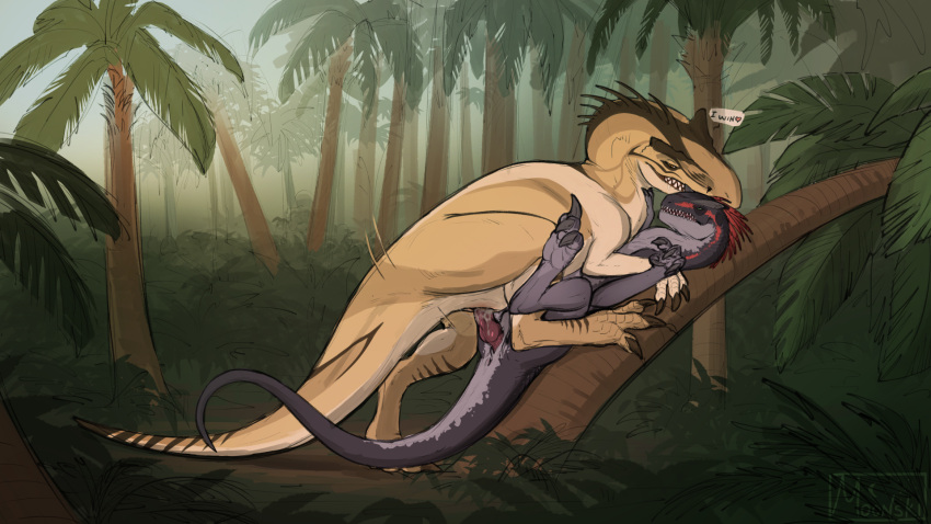 &lt;3 allosaurid allosaurus animal_genitalia anus black_markings blush bodily_fluids body_blush claws countershading day dialogue dinosaur dominant dominant_female dominant_feral duo english_text erection female female_on_top female_penetrated feral feral_on_feral feral_penetrated feral_penetrating feral_penetrating_feral forest from_front_position genital_fluids genital_slit genitals grey_body grey_scales head_spines hi_res knot larger_female larger_female_smaller_male lying male male/female male_penetrating male_penetrating_female markings missionary_position moonski motion_lines on_back on_top outside palm_tree penetration penis plant plump_labia pussy pussy_blush pussy_juice pussy_juice_on_penis red_markings reptile scales scalie sex size_difference slit smaller_male striped_markings stripes submissive submissive_feral submissive_male tan_body tan_scales teeth text theropod tree vaginal vaginal_penetration