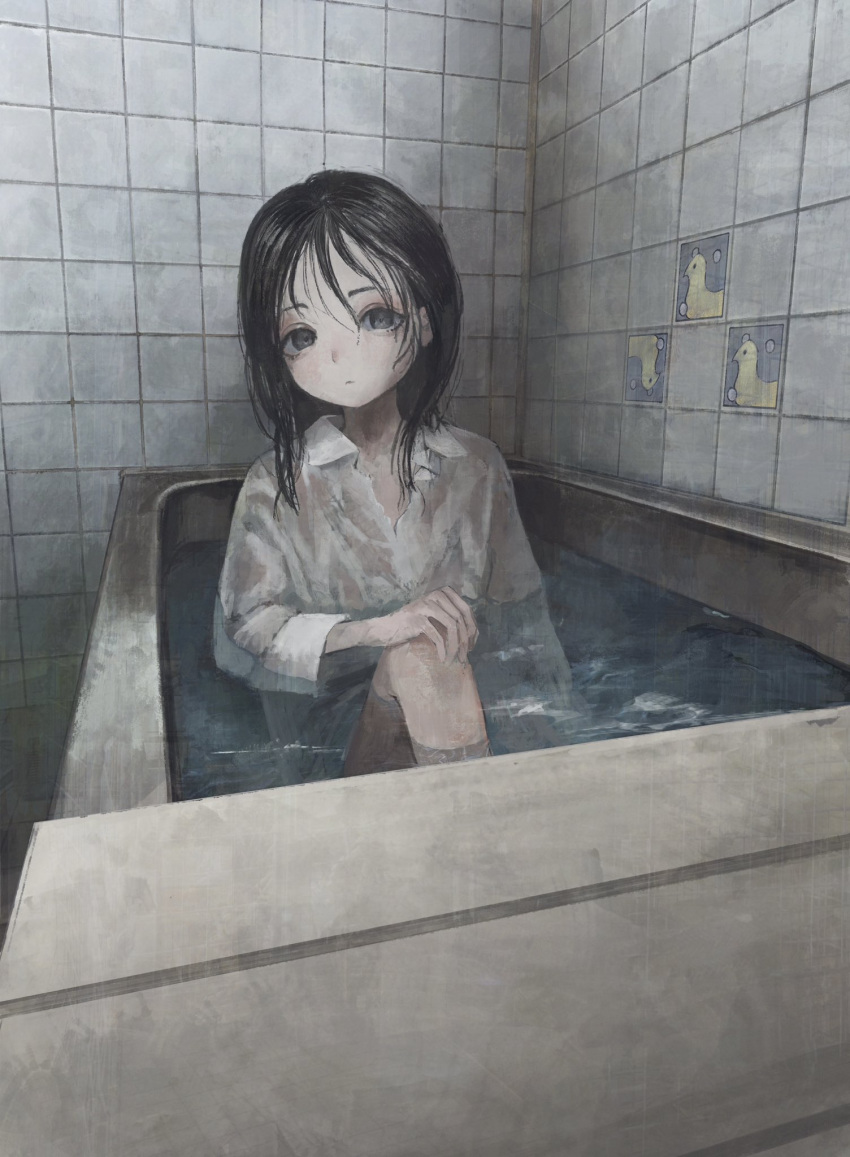 1girl bathroom bathtub black_hair collared_shirt expressionless hand_on_own_knee highres indoors looking_at_viewer magan0301 medium_hair original pale_skin partially_submerged shirt sitting solo tile_wall tiles water wet wet_clothes wet_hair wet_shirt white_shirt