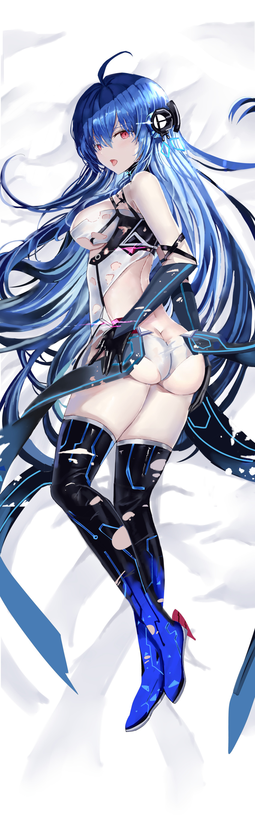 1girl absurdres age_fx ahoge ass azur_lane bare_shoulders black_gloves black_thighhighs blue_hair boots breasts closed_mouth dress elbow_gloves from_side full_body gloves hair_between_eyes hands_on_own_hips headgear helena_(azur_lane) helena_(meta)_(azur_lane) highres incredibly_absurdres long_hair looking_at_viewer medium_breasts official_alternate_costume red_eyes sideboob sleeveless smile solo standing thigh_boots thighhighs very_long_hair white_dress