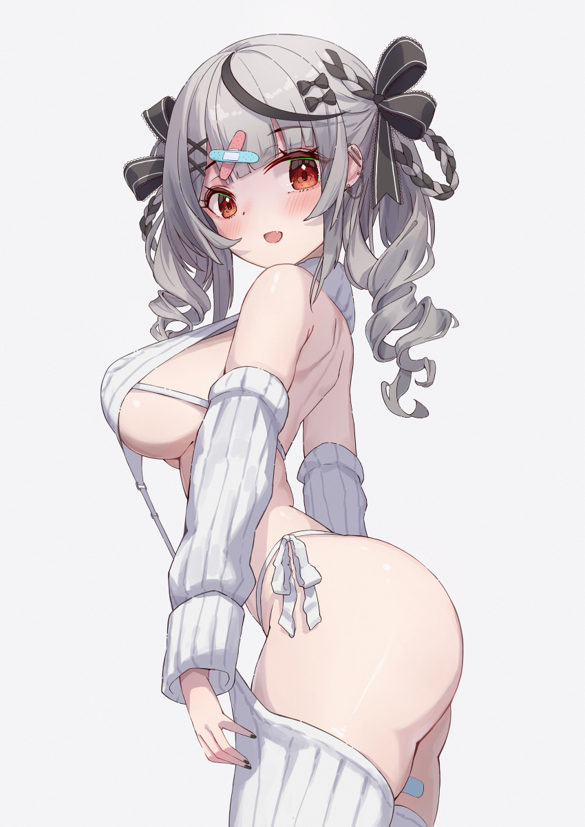 1girl absurdres ass black_nails breasts detached_sleeves drill_hair garter_straps grey_hair hair_ornament hairclip highres hololive juu_p large_breasts looking_at_viewer medium_hair meme_attire nail_polish navel red_eyes sakamata_chloe sideboob simple_background smile solo stomach thighhighs twin_drills virgin_destroyer_sweater virtual_youtuber white_background x_hair_ornament