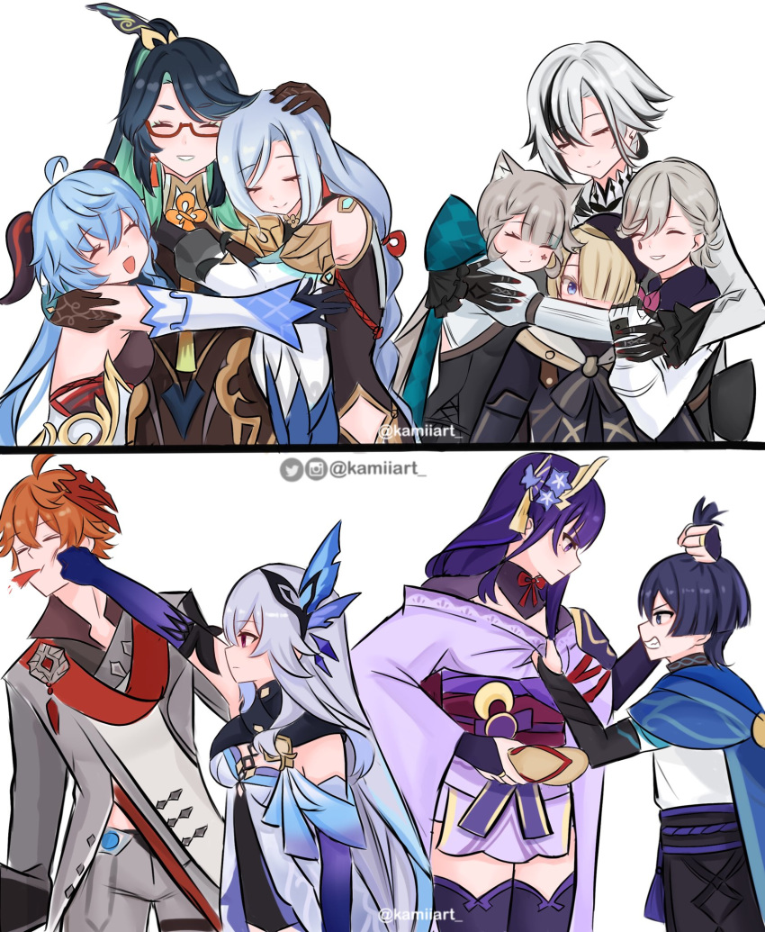 arlecchino_(genshin_impact) blood blood_from_mouth blue_hair character_request closed_eyes freminet_(genshin_impact) ganyu_(genshin_impact) genshin_impact grabbing_another's_hair grey_hair group_hug happy highres hug japanese_clothes kamiiart lynette_(genshin_impact) lyney_(genshin_impact) multiple_boys multiple_girls orange_hair punching purple_hair raiden_shogun scaramouche_(genshin_impact) shenhe_(genshin_impact) skirk_(genshin_impact) smile tartaglia_(genshin_impact) xianyun_(genshin_impact)