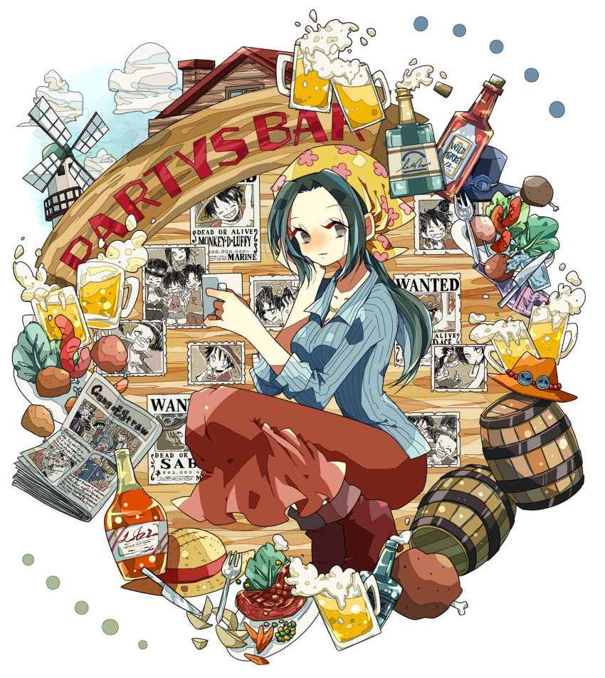 1girl alcohol beer beer_mug blue_shirt boots cloud commentary cup food fork green_hair hat highres holding holding_cup knife long_nose long_skirt looking_at_viewer makino_(one_piece) meat monkey_d._luffy mug nami_(one_piece) newspaper noise_pp one_piece orange_headwear ponytail portgas_d._ace roronoa_zoro sabo_(one_piece) sanji_(one_piece) shirt sidelocks skirt smile solo straw_hat striped_clothes striped_shirt tony_tony_chopper usopp vertical-striped_clothes vertical-striped_shirt windmill