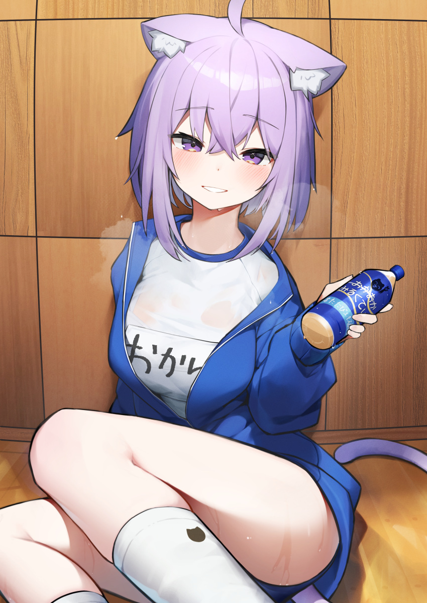 1girl absurdres ahoge akuto_(akuto_desu) animal_ear_fluff animal_ears blue_jacket cat_ears cat_girl cat_tail commentary_request energy_drink gym_uniform highres hololive jacket looking_at_viewer nekomata_okayu on_floor onigiri_print purple_eyes purple_hair short_hair smile socks solo steaming_body sweat tail thighs virtual_youtuber white_socks wooden_floor wooden_wall