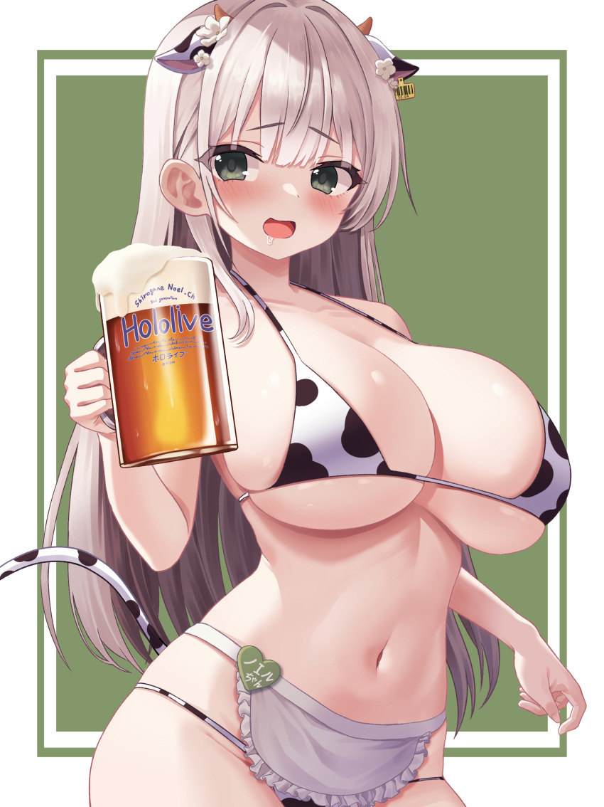 1girl absurdres alcohol animal_ears animal_print apron beer beer_mug bikini blush border breasts character_name commentary copyright_name cow_ears cow_horns cow_print cow_print_bikini cow_tail cup drooling ear_tag fake_animal_ears fake_horns fake_tail flower frilled_apron frills green_background green_eyes grey_hair gyoza_(pixiv17855879) hair_flower hair_ornament halterneck hand_up highres holding holding_cup hololive horns large_breasts long_hair looking_at_viewer mug navel open_mouth outside_border print_bikini raised_eyebrows shirogane_noel skindentation smile solo stomach string_bikini swimsuit tail very_long_hair virtual_youtuber waist_apron white_apron white_border white_flower