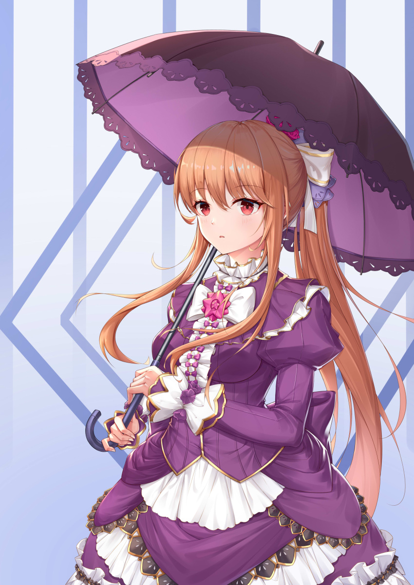 1girl absurdres brown_eyes brown_hair cowboy_shot dress haori_misaki highres holding holding_umbrella layered_dress long_hair pandora_hearts parasol parted_lips ponytail purple_dress sharon_rainsworth solo umbrella very_long_hair wrist_cuffs