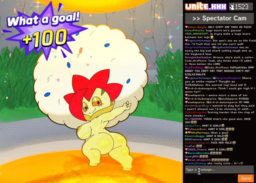 absurd_res anthro breasts butt eldegoss english_text fan_character female generation_8_pokemon hi_res livestream nintendo pokemon pokemon_(species) pokemon_unite short_stack softestpuffss solo stream_chat text