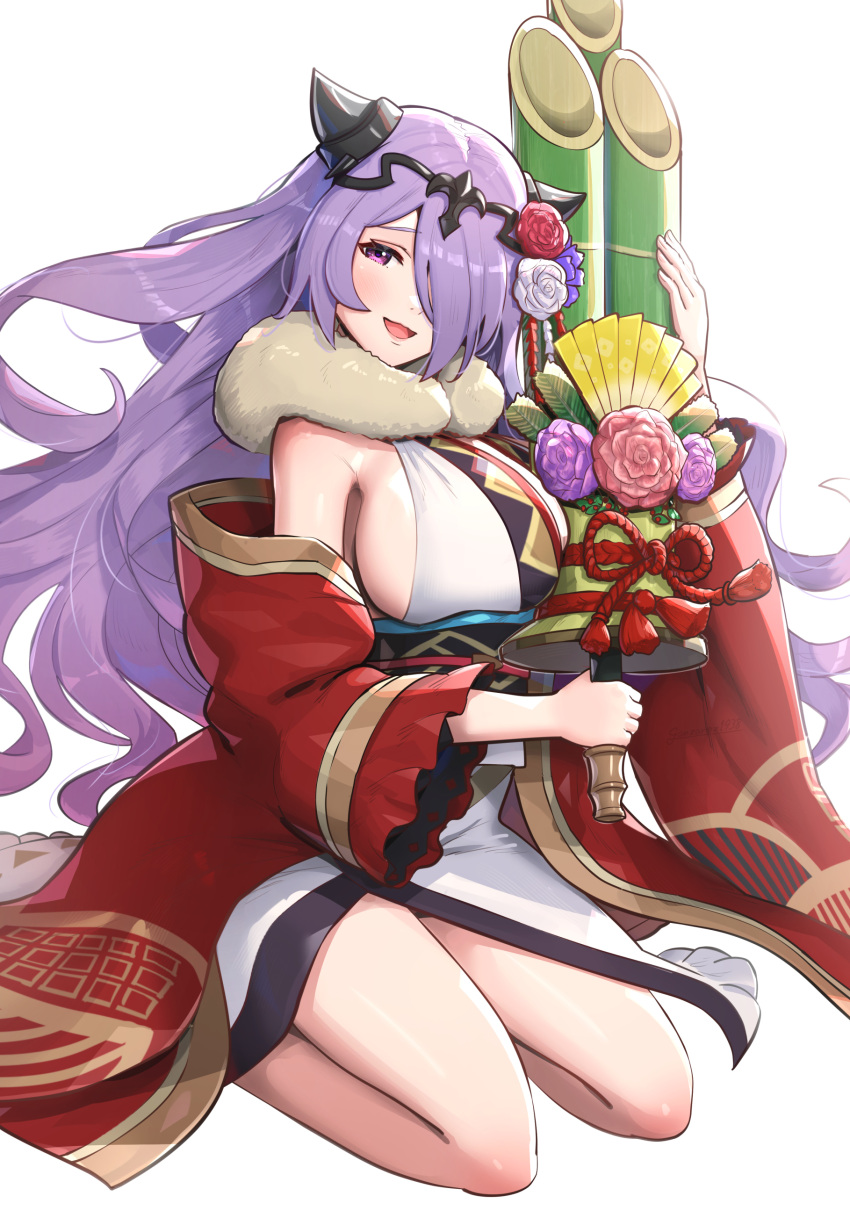 1girl :d absurdres breasts camilla_(fire_emblem) camilla_(new_year)_(fire_emblem) cleavage fire_emblem fire_emblem_fates fire_emblem_heroes flower gonzarez hair_flower hair_ornament hair_over_one_eye highres huge_sleeves japanese_clothes kadomatsu kimono kneeling large_breasts long_hair long_sleeves looking_at_viewer obi official_alternate_costume purple_eyes purple_hair sash simple_background smile solo tabi tiara wavy_hair white_background