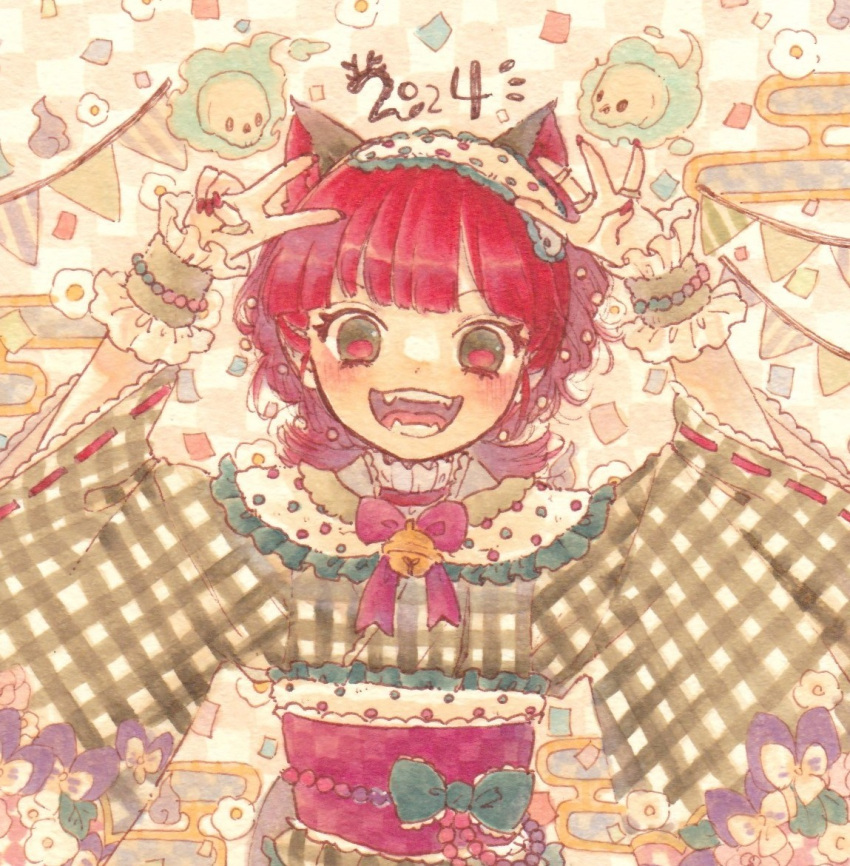 1girl 2024 alternate_costume alternate_hairstyle animal_ears bell bow bowtie cat_ears cat_girl egasumi hitodama kaenbyou_rin neck_bell open_mouth red_bow red_bowtie red_eyes red_hair sasa6666s sash short_hair skull solo teeth touhou upper_body v