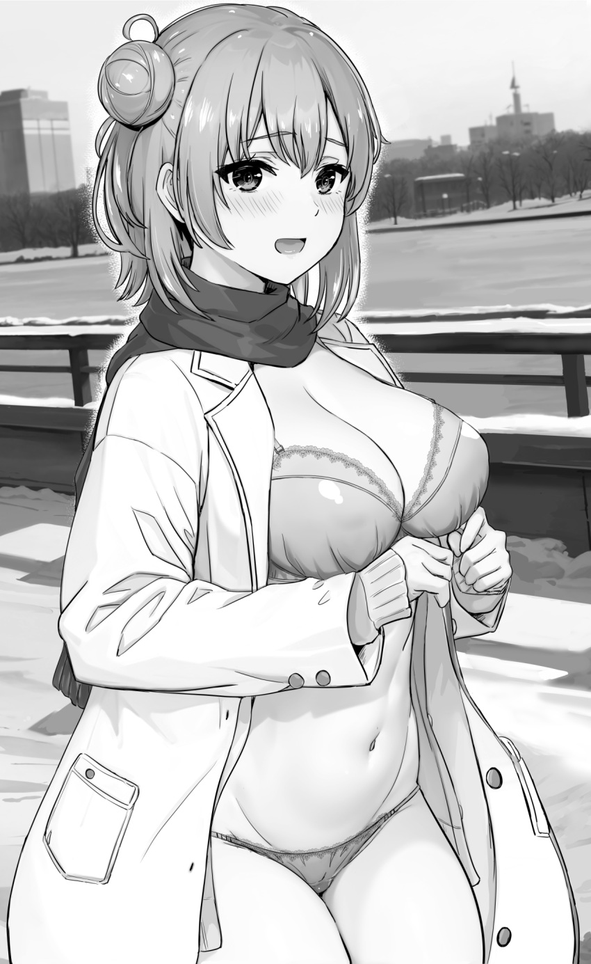 1girl blush bra breasts cardigan cleavage coat exhibitionism greyscale hair_bun highres inanaki_shiki large_breasts long_sleeves looking_at_viewer monochrome navel open_cardigan open_clothes open_coat open_mouth outdoors panties public_indecency scarf short_hair single_hair_bun solo underwear white_background winter winter_clothes yahari_ore_no_seishun_lovecome_wa_machigatteiru. yuigahama_yui
