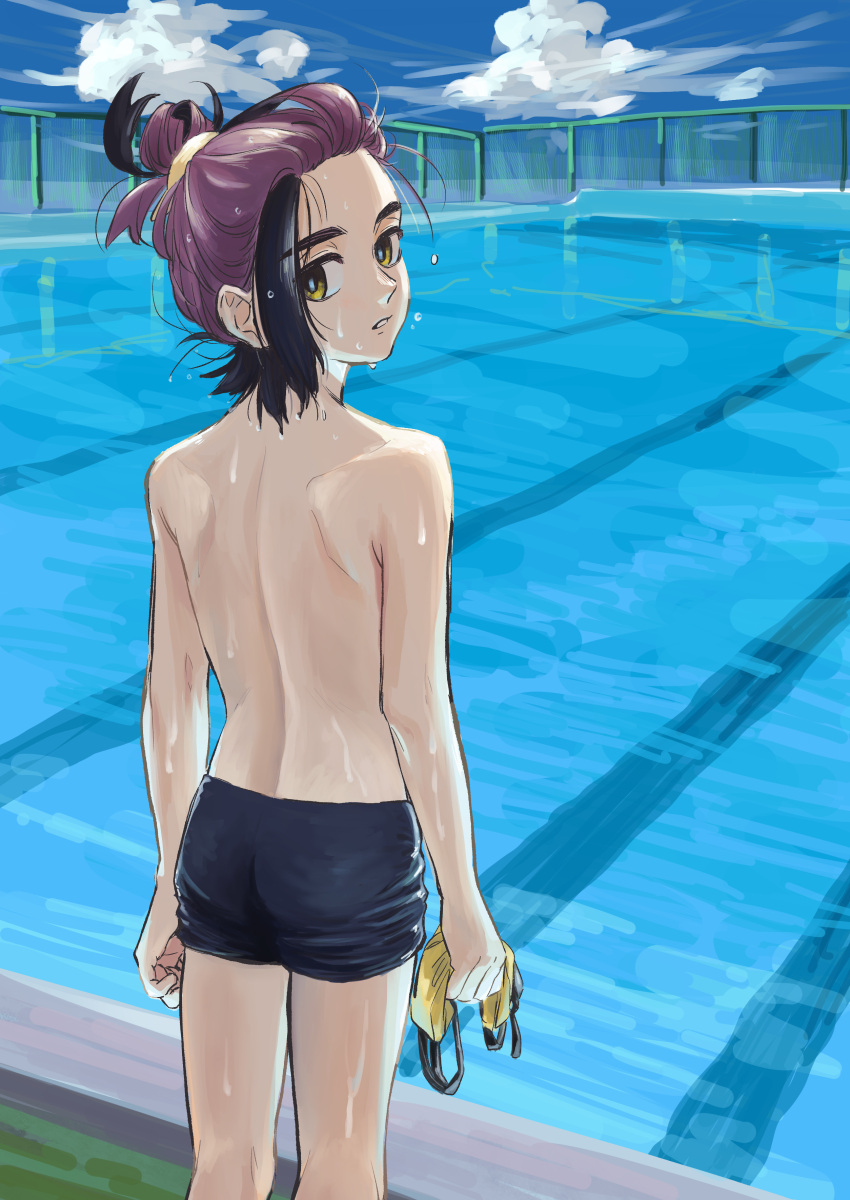 1boy absurdres bike_shorts black_hair cloud commentary_request day highres holding kieran_(pokemon) looking_at_viewer looking_back male_focus multicolored_hair outdoors parted_lips pokemon pokemon_sv pool purple_hair sa_(gtep5825) short_hair shoulder_blades sky solo standing two-tone_hair water wet yellow_eyes