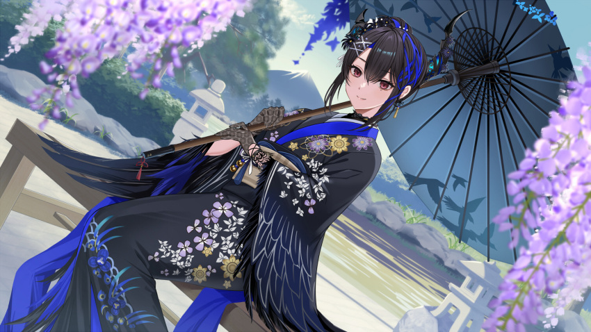 1girl asymmetrical_horns black_hair black_kimono blue_hair blush breasts colored_inner_hair commentary_request demon_horns feather-trimmed_kimono feather-trimmed_shawl hair_ornament harimoji hololive hololive_english horns japanese_clothes kimono large_breasts long_hair looking_at_viewer mole mole_under_eye multicolored_hair nerissa_ravencroft nerissa_ravencroft_(new_year) official_alternate_costume official_alternate_hairstyle official_art parasol red_eyes solo two-tone_hair umbrella uneven_horns virtual_youtuber