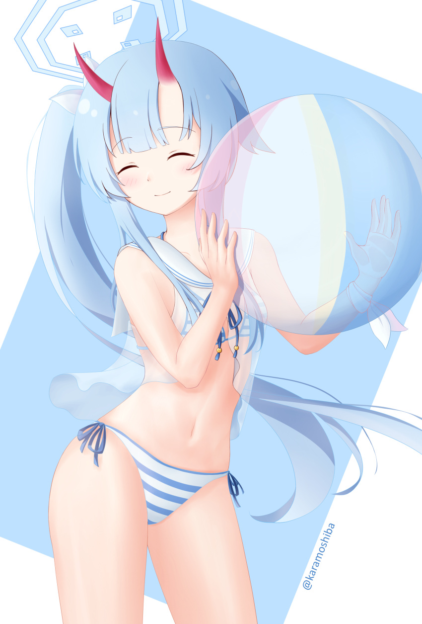 1girl absurdres ball bare_arms beachball bikini bikini_top_only blue_archive blue_hair blue_halo blush chise_(blue_archive) chise_(swimsuit)_(blue_archive) closed_eyes halo highres karamoshiba light_blue_hair looking_at_viewer official_alternate_costume official_alternate_hairstyle purple_eyes side_ponytail simple_background solo swimsuit