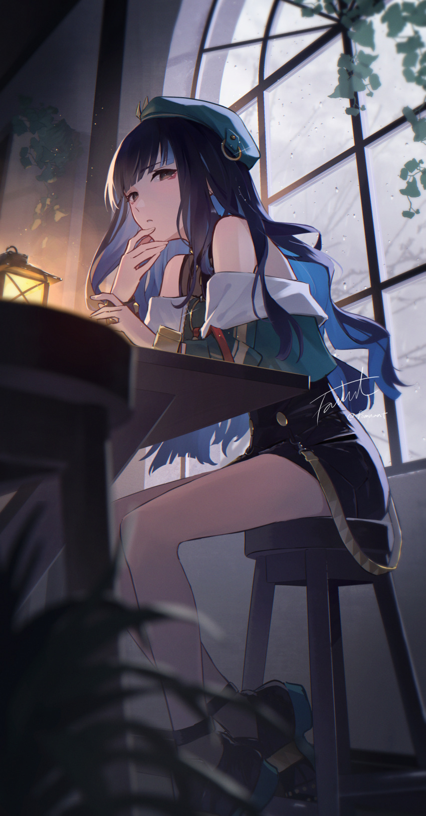 1girl bare_shoulders beret black_hair blue_hair breasts colored_inner_hair fate/grand_order fate_(series) fomnant from_side green_headwear green_jacket grey_eyes hat highres jacket long_hair long_sleeves looking_at_viewer multicolored_hair off_shoulder shorts sidelocks sitting small_breasts solo tenochtitlan_(fate) tenochtitlan_(second_ascension)_(fate)