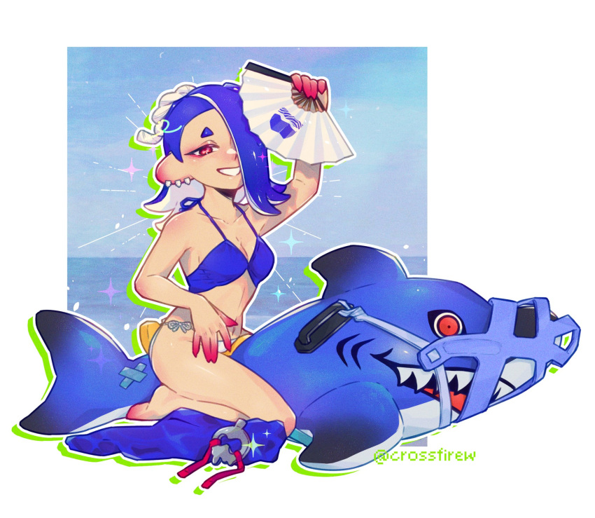 1girl alternate_costume bandaid blue_hair blue_sky border breasts cephalopod_eyes cleavage collarbone commentary english_commentary folding_fan hand_fan highres holding holding_fan horizon inflatable_toy looking_at_viewer louwaldo medium_breasts medium_hair navel ocean outside_border red_eyes reefslider_(splatoon) shark sharp_teeth shiver_(splatoon) sky smile solo sparkle splatoon_(series) splatoon_3 teeth tentacle_hair water white_border