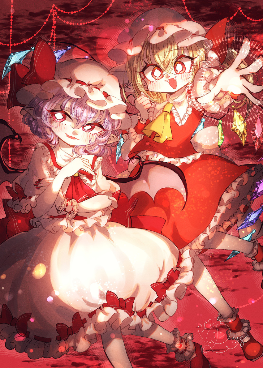 2girls ascot bat_wings blonde_hair bow brooch collared_shirt commentary crystal english_commentary fangs flandre_scarlet foot_out_of_frame frilled_shirt frilled_shirt_collar frilled_skirt frilled_sleeves frilled_socks frilled_vest frills hair_between_eyes hat hat_bow hat_ribbon head_tilt highres jewelry large_bow looking_at_viewer medium_hair mob_cap multicolored_wings multiple_girls nail_polish open_mouth outstretched_arm outstretched_hand pointy_ears puffy_short_sleeves puffy_sleeves purple_hair red_ascot red_background red_bow red_eyes red_footwear red_nails red_ribbon red_skirt red_vest remilia_scarlet ribbon ribbon-trimmed_headwear ribbon-trimmed_skirt ribbon-trimmed_sleeves ribbon_trim shirt shoes short_sleeves siblings sisters skirt skirt_set sleeve_bow sleeve_ribbon socks touhou vest white_headwear white_shirt wings wrist_cuffs yellow_ascot yellow_brooch yukkyon_kyon