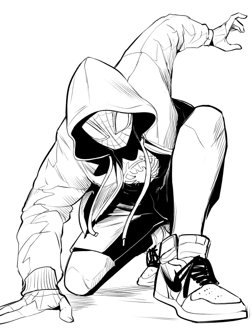 1boy animal_print bodysuit drawstring full_body gegegekman greyscale hand_on_ground highres hood hood_up hooded_jacket insignia jacket long_sleeves male_focus marvel mask monochrome on_one_knee shoes shorts sneakers solo spandex spider-man:_into_the_spider-verse spider-man_(series) spider-verse spider_print superhero superhero_landing white_background