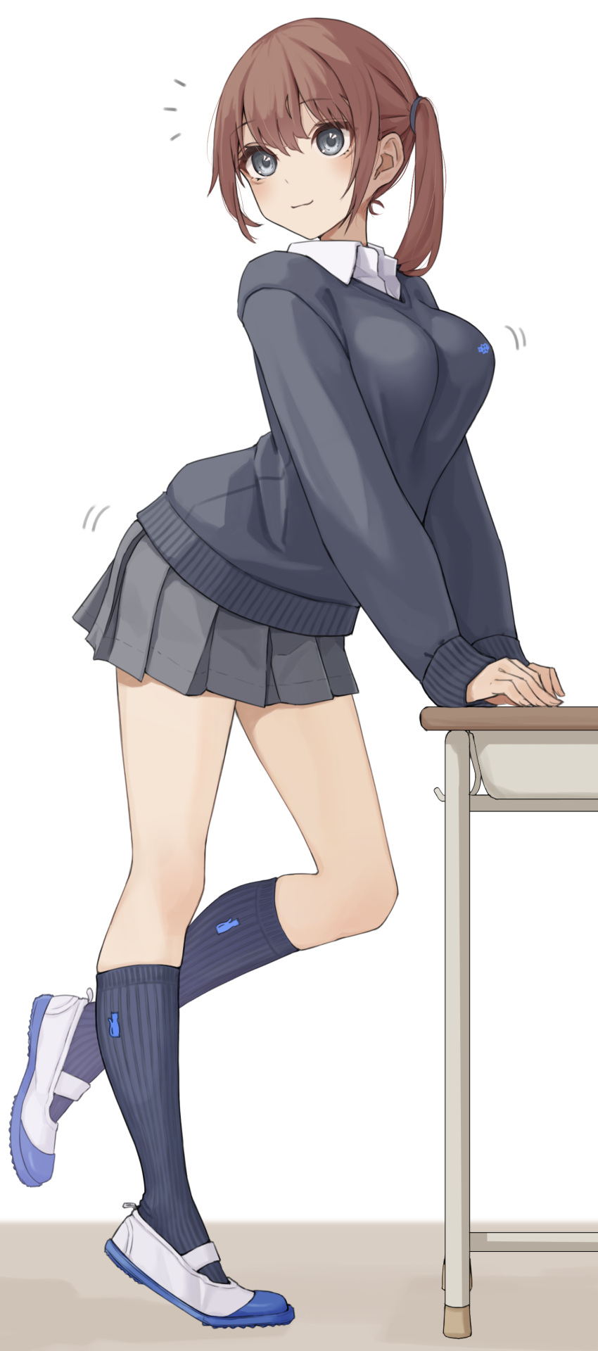 1girl absurdres black_eyes black_socks breasts brown_hair closed_mouth collared_shirt desk full_body grey_skirt grey_sweater hands_on_table highres kopaka_(karda_nui) large_breasts long_sleeves looking_ahead miniskirt original pleated_skirt ponytail ribbed_socks school_desk school_uniform shirt shoes simple_background skirt smile socks solo standing sweater thighs uwabaki white_background white_footwear white_shirt