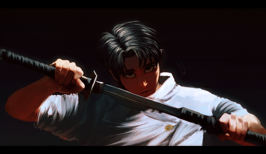 absurdres artist_name black_background black_hair closed_mouth commentary crain1art hands_up high_collar highres jacket jujutsu_kaisen jujutsu_tech_uniform katana looking_at_viewer male_focus medium_hair okkotsu_yuuta parted_bangs sheath short_hair short_sleeves sleeves_rolled_up sword unsheathing upper_body weapon white_jacket