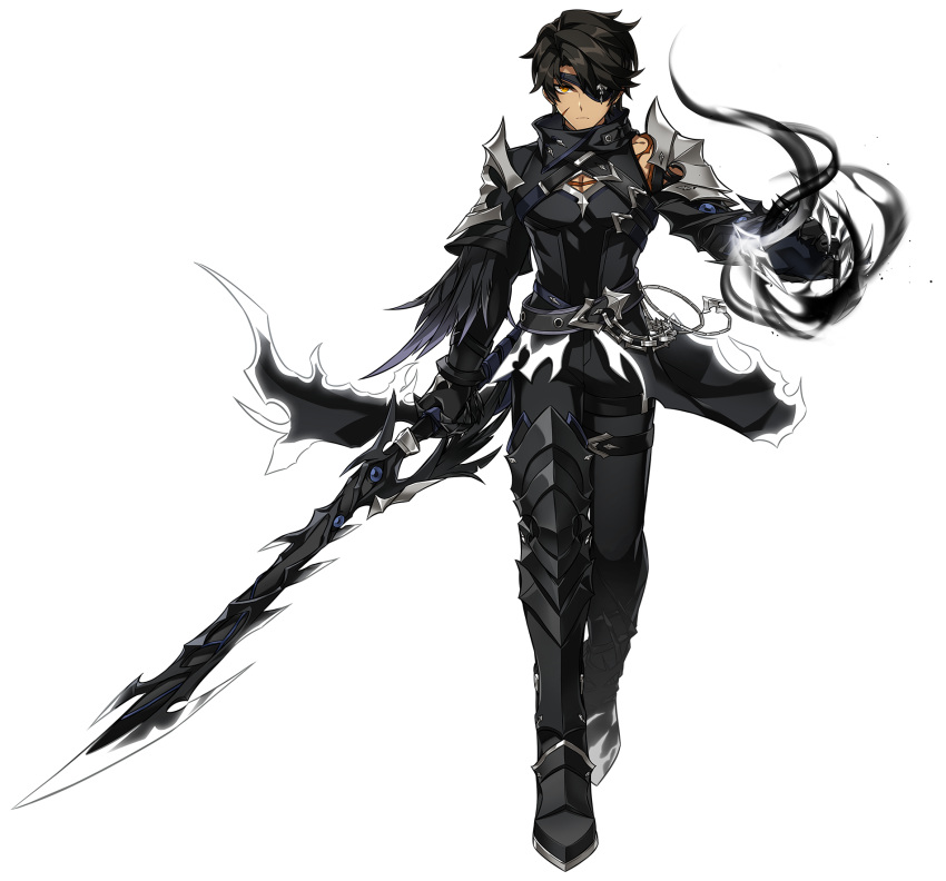 1boy armor artist_request belt black_coat black_footwear black_gloves black_hair black_pants black_theme buckle closed_mouth coat elsword energy eyepatch gloves greaves highres holding holding_sword holding_weapon legs_together looking_at_viewer male_focus mutant_reaper_(elsword) official_art pants raven_cronwell scar scar_on_face serious solo standing straight-on sword tachi-e transparent_background weapon yellow_eyes