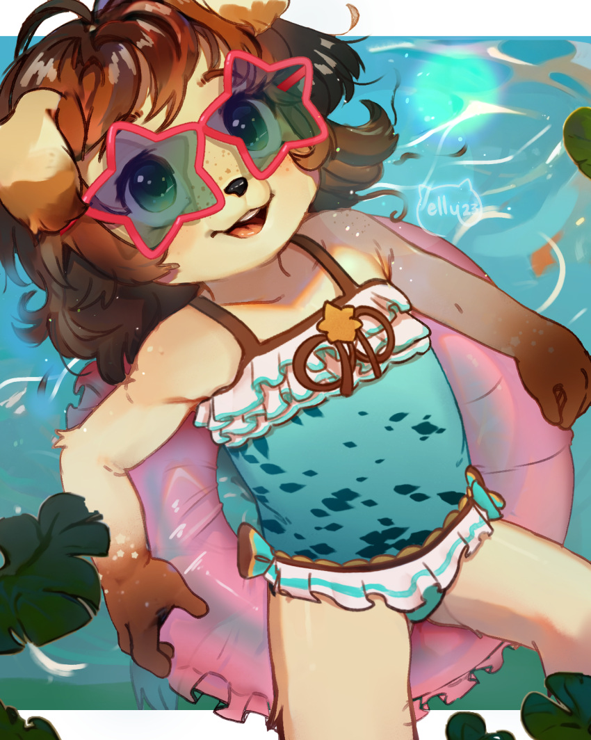 1girl animal_ears animal_nose blue_one-piece_swimsuit brown_hair casual_one-piece_swimsuit collarbone commentary dog_ears dog_girl dog_nose elly_(auvere) english_commentary flat_chest freckles frilled_innertube frilled_one-piece_swimsuit frills furry furry_female green_eyes highres innertube looking_at_viewer medium_hair one-piece_swimsuit open_mouth original signature snout solo star-shaped_eyewear sunglasses swim_ring swimsuit teeth upper_teeth_only variant_set