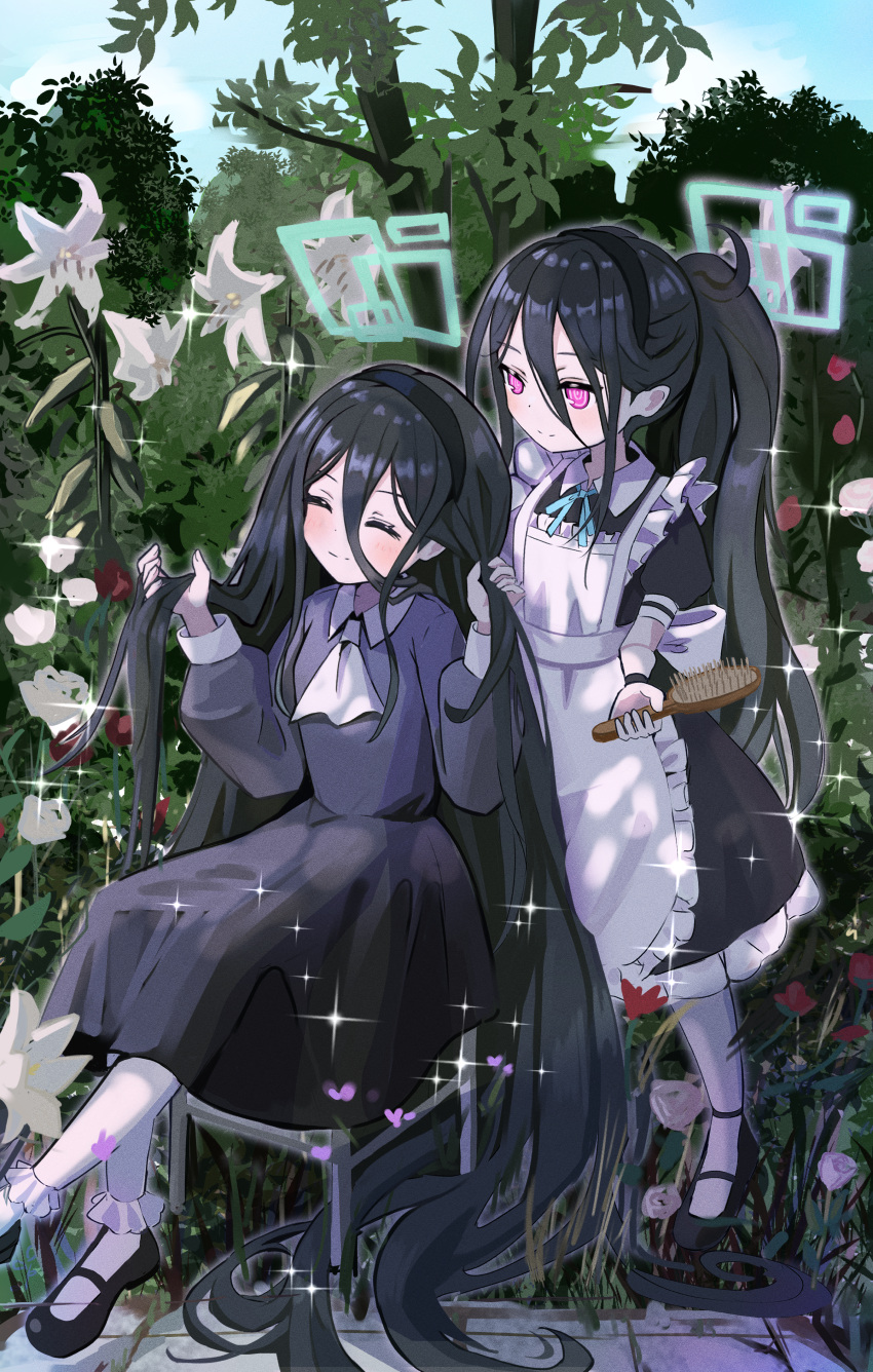 &lt;key&gt;_(blue_archive) 2girls absurdly_long_hair absurdres alternate_costume apron aris_(blue_archive) aris_(maid)_(blue_archive) black_dress black_footwear black_hair blue_archive bobby_socks brushing_another's_hair brushing_hair closed_eyes closed_mouth commentary dress dual_persona frilled_apron frills green_halo hair_between_eyes hair_brush halo highres holding holding_hair_brush long_hair long_sleeves maid_apron multiple_girls official_alternate_costume outdoors ponytail puffy_long_sleeves puffy_short_sleeves puffy_sleeves purple_eyes ringed_eyes short_sleeves sitting socks split_mouth square_halo thomason366 very_long_hair white_apron white_socks
