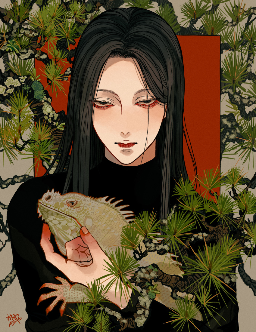 1boy absurdres animal black_eyes black_shirt border branch closed_mouth fingernails grey_border hand_up highres holding holding_animal iguana kagoya1219 long_hair long_sleeves looking_at_viewer male_focus original outside_border pine_tree plant red_background sanpaku shirt signature solo straight_hair tree upper_body