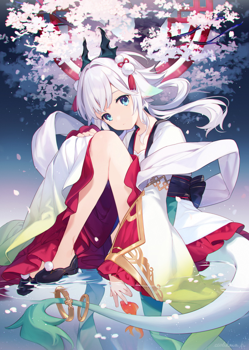 1girl asahikawa_hiyori blue_eyes dragon_girl dragon_horns dragon_tail highres horns long_hair looking_at_viewer original sitting solo tail white_hair wide_sleeves